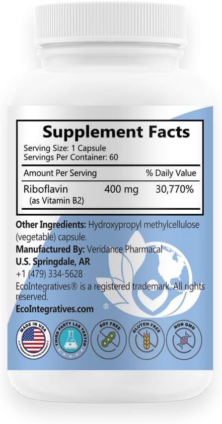 B2-400 Pure Riboflavin - Nervous System Health Homocysteine Detox Cardiovascular Helps Boost Energy Mental Clarity Metabolism and Cell Function (60 Unflavored)