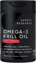 Sports Research Krill Oil Supplement with EPA &amp DHA Omega 3 Phospholipids &amp Astaxanthin from Antarctic Krill - Highest Concentration of Krill Oil for Men &amp Women - 500mg 120 Softgel Caps