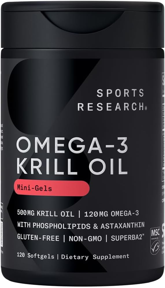 Sports Research Krill Oil Supplement with EPA &amp DHA Omega 3 Phospholipids &amp Astaxanthin from Antarctic Krill - Highest Concentration of Krill Oil for Men &amp Women - 500mg 120 Softgel Caps