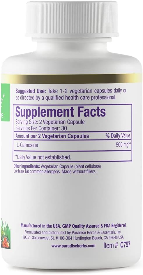 Paradise Herbs L-Carnosine Super Potent Ultra Pure Antioxidant Vegan Non GMO Gluten Free 60 Vegetarian Capsules