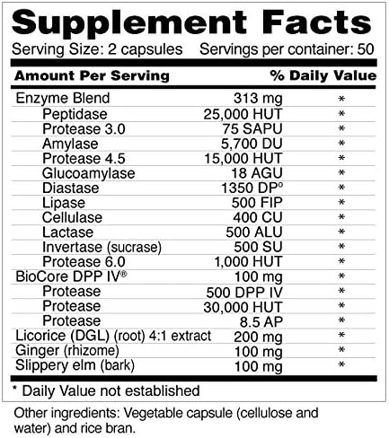 Digestive Helper with BioCore DPP IV Multi Digestive Enzyme Supplement for Gluten Digestion and Breakdown of Fats Casein Proteins (100 Capsules Vegetarian)
