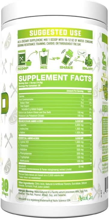 Axe &amp Sledge The Grind Essential Amino Acids |EAA &amp BCAA Powder |Muscle Recovery &amp Electrolytes for Hydration | Stimulant-Free Vegan | 30 Servings Sour Electric Lime