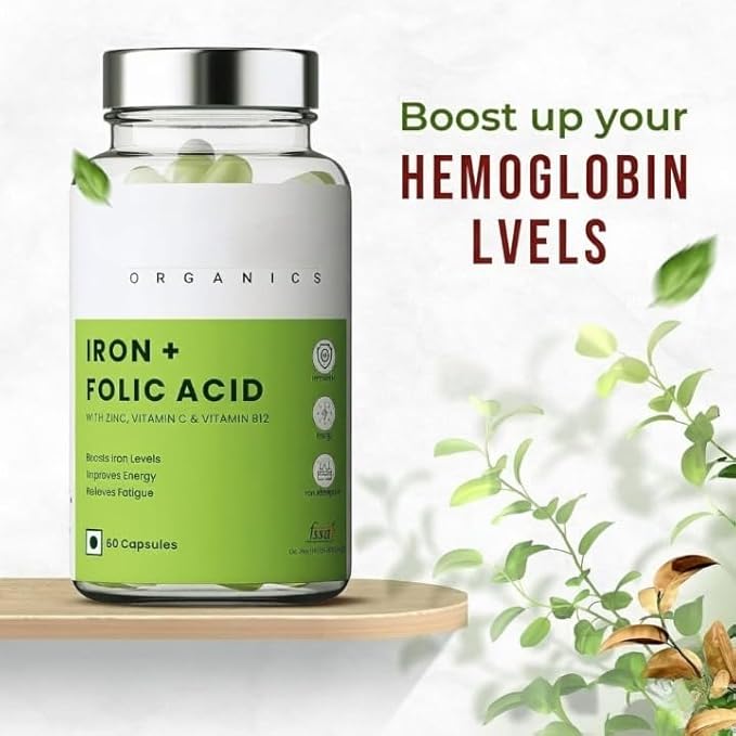 Iron + Folic Acid Supplement with Zinc Vitamin C &amp Vitamin B12 | 60 Veg Capsules | SupportsImmunity and Energy | Enhances Iron Absorption| for Both Men &amp Women
