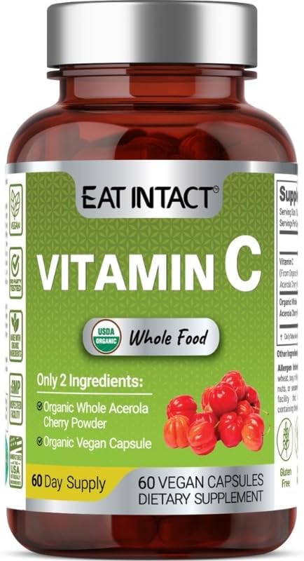 Vegan Whole Food Vitamin C Two Ingredients (Organic Whole Acerola Cherry Powder and Organic Vegan Capsule) Non-GMO Third Party Tested 60 Day Supply