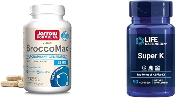 Jarrow Brocco Max 120 Veggie Caps &amp Life Extension Super K Vitamin K1 K2 MK-7 MK-4 Vitamin C Bone/Heart/Arterial Health Non-GMO 90 Softgels