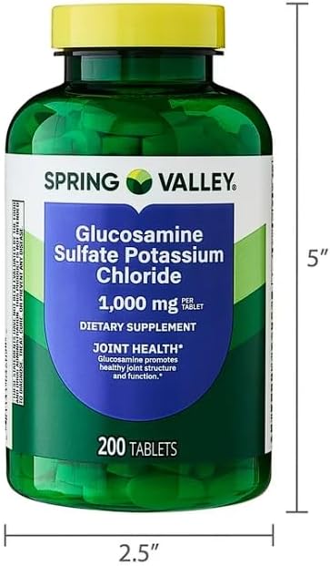 Glucosamine Sulfate Potassium Chloride 1000 mg Spring Valey | Joint Health Support | 200 Tablets + Daily Supplement Tracker Sticker