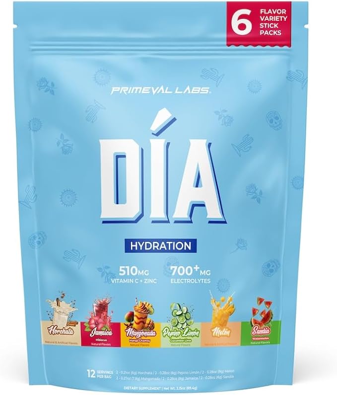Primeval Labs Dia Hydration Powder | 6 Flavor Variety Pack | Electrolyte + Vitamin C + Zinc Drink Mix | Hydration Support for Men &amp Women | 12 Sticks Per Pack