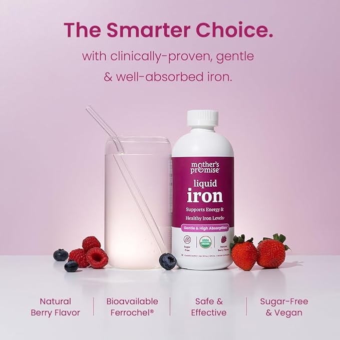 Organic Liquid Iron Supplement for Women Men &amp Kids with Vitamin C | Sugar Free Natural Berry Flavor Non Constipating Vegan Ferrochel® Iron Supplements for Healthy Blood Prenatal &amp Postnatal