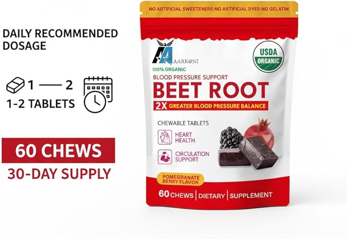 Aarkani Organic Beet Root Chewable Tablets Blood Pressure Support 60 Count Pomegranate Berry Flavor