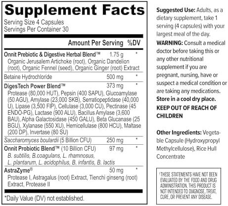 ONNIT Total Gut Health Daily Digestive Support IGEN Non-GMO Tested Digestion Supplement for Women and Men with 7 Strains of Probiotics Prebiotics Enzymes and Betaine HCL 120 Count