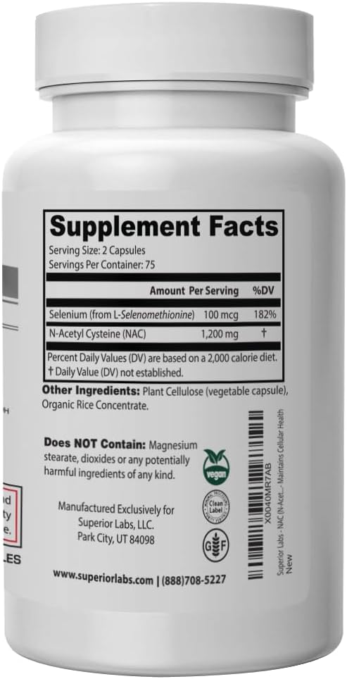 Superior Labs NAC (N-Acetyl Cysteine) 1200mg 150 Vegetable Capsules Dietary Supplement with Selenium Free Radical Protection Normal Immune System Function Maintains Cellular Health