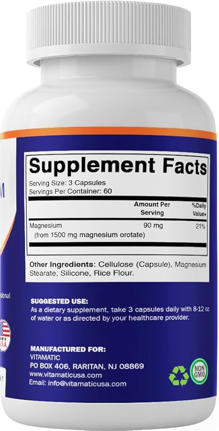 Vitamatic Magnesium Orotate Supplement – 1500mg per Serving 180 Capsules – Supports Muscle Nerve and Heart Health - Non-GMO Gluten Free - 2 Pack