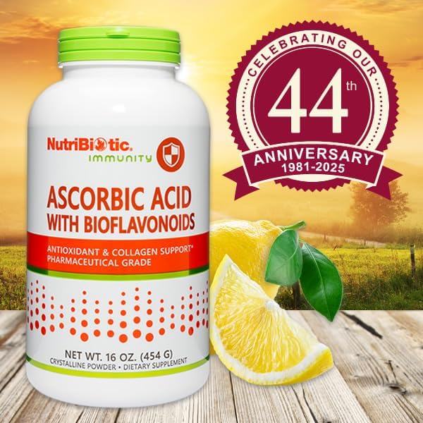 NutriBiotic - Ascorbic Acid with Bioflavonoids Powder 16 Oz | Highly Soluble Antioxidant &amp Collagen Support Supplement | 2000 Mg Vitamin C with Lemon Bioflavonoid Complex | Vegan Gluten &amp GM