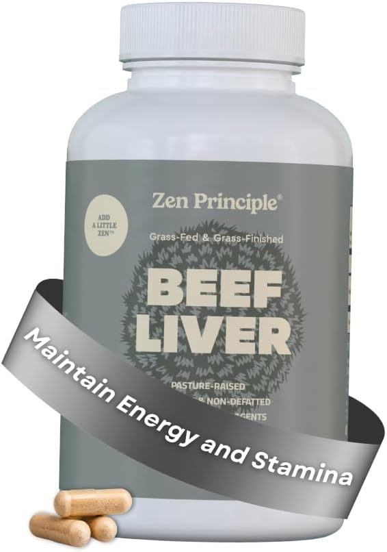Zen Principle Ultra-Pure Desiccated Beef Liver Grass-Fed &amp Finished New Zealand No Hormones or GMOs Natural Energy &amp Workout Support with Iron Amino Acids &amp Vitamins. 180 Capsules