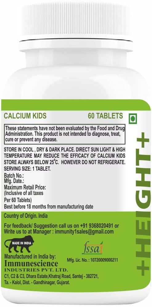 Verem Calcium for Kids with Vitamin D3 (VIT d) Magnesium Zinc Supplement Vitamin C L-lysine Multivitamin for Kids Strong Bones Immunity Growth &amp Development- 120 Tablets (Pack of 4)