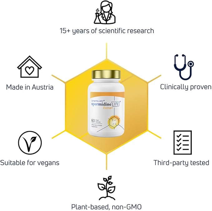 LONGEVITY LABS + spermidineLIFE Natural Supplement Non-Synthetic Plant-Based Wheat Germ Extract with High Spermidine &amp Zinc for Cell Renewal Vegan for Women &amp Men 60 Capsules