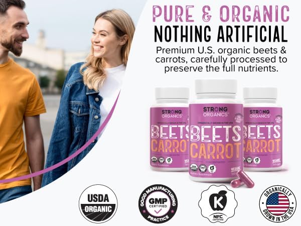 Organic Beet Root &amp Carrot Juice Powder Capsules – USA Grown Raw Cold Pressed – Nitric Oxide Eye Health Skin &amp Heart Support – Beta Carotene Whole Food Vitamin A – Vegan Non-GMO Kosher –