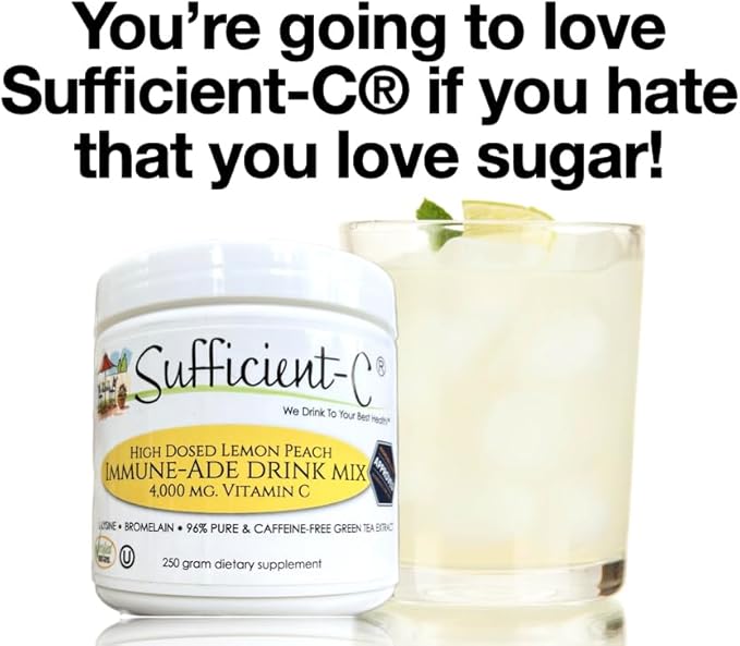 Sufficient-C High-Dosed 4000 mg. Vitamin C Lemon Peach Immune-Ade Drink Mix 250 gram Size - Refreshing with Generously Dosed L-lysine Bromelain &amp 96% Pure Caffeine-Free Green Tea Extract