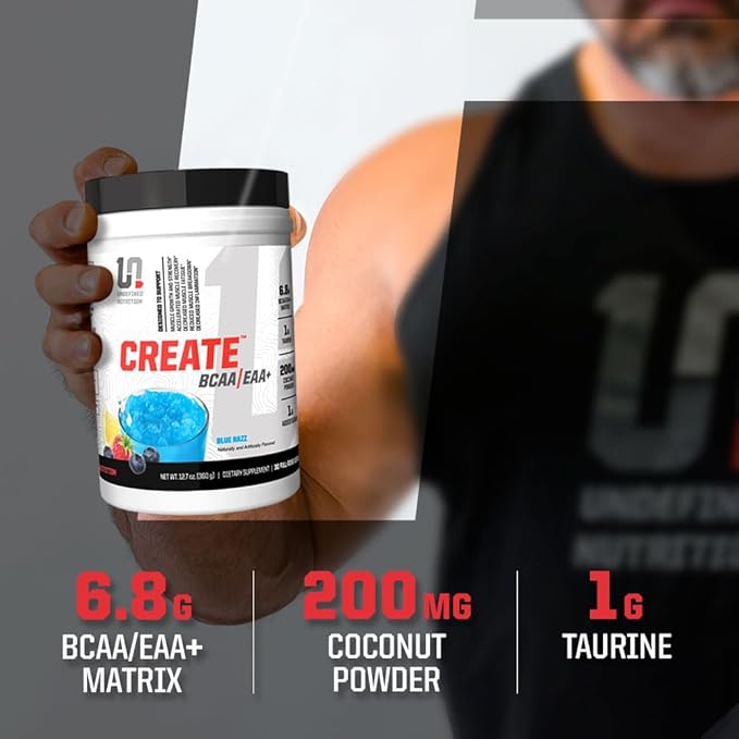 Undefined Nutrition Create BCAA/EAA+ by Brian Shaw -Muscle Recovery &amp Endurance 6.8g BCAA/EAA Matrix -Full Spectrum BCAA + Essential Amino Acids Supplement – 30 Servings (127 oz Orange Citrus)
