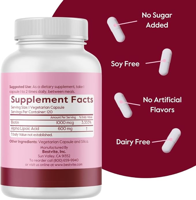 BESTVITE High Strength Alpha Lipoic Acid 600mg (per Capsule) with Biotin to Enhance Absorption (240 Vegetarian Capsules) (2 x 120) No Stearates - Vegan - Non GMO - Gluten Free