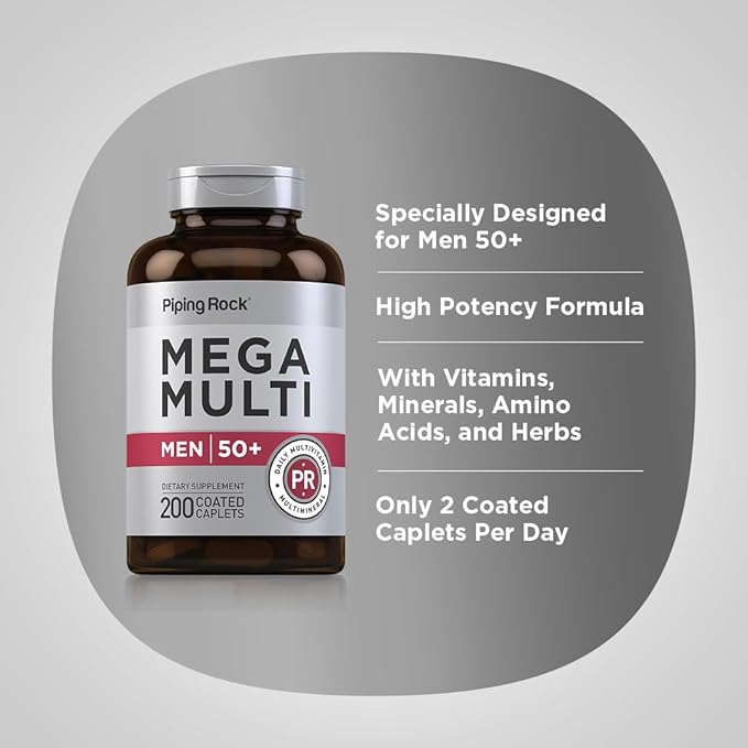 Piping Rock Multivitamin for Men Over 50+ | 200 Caplets | Mega 50 Plus Daily Multimineral | with Magnesium Calcium Zinc | Non-GMO Gluten Free Supplement