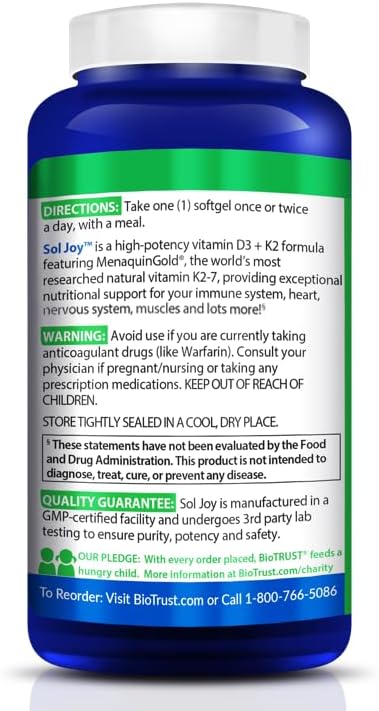 BioTrust Sol Joy High-Potency Vitamin D3 K2 – High Potency (50 mcg)