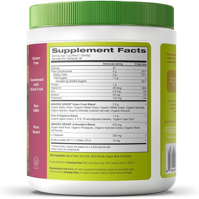 Amazing Grass Greens Blend Mood: Super Greens Powder Smoothie Mix for Mood Relaxation &amp Stress Support with Organic Spirulina Chlorella Beet Root Powder Digestive Enzymes &amp Probiotics 30