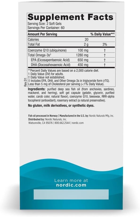 Nordic Naturals Ultimate Omega + CoQ10 Lemon - 120 Soft Gels - 1280 mg Omega-3 + 100 mg CoQ10 - Heart Health Cellular Energy Antioxidant Support - Non-GMO - 60 Servings