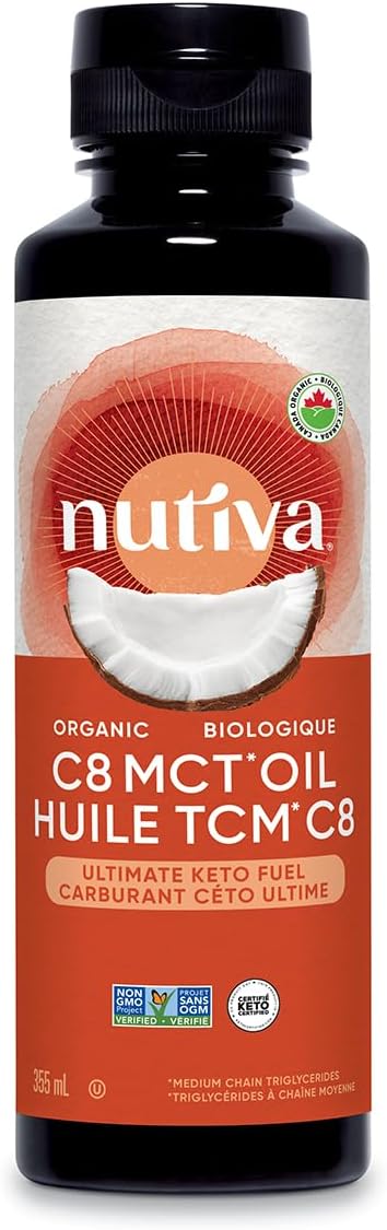 Nutiva Organic Liquid MCT Oil C8- Unflavored - Perfect for Coffee Shakes Salads and More - Great for Vegan Whole Paleo and Keto Diet - Extracted From Coconut - 12floz