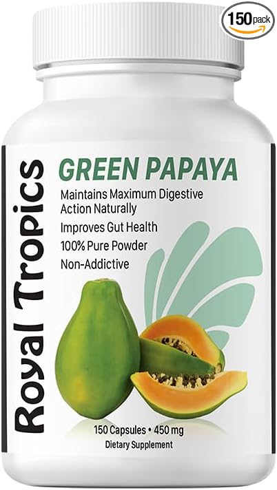 Royal Tropics Digestive Enzyme Powder - Improves Digestion Made from 100% Pure Green Papaya Enzyme - Natural Breakdown of Lipids &amp Proteins for Faster Absorption 150 Capsules