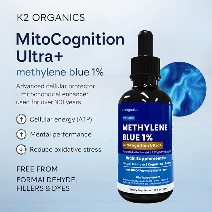 Methylene Blue Drops 2oz-MitoCognition Ultra+ 8-in-1 Pharmaceutical Grade 1% Solution Support Focus Memory Cognition and Energy–No Formaldehyde Third-Party Tested Brain Health Supplement for Humans