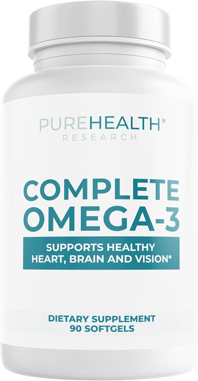 PUREHEALTH RESEARCH Complete Omega 3 Fish Oil Softgels - Omega-3 Fatty Acid Supplements for Women &amp Men - EPA DHA Supplement for Hearth Brain &amp Vision Support - Non-GMO- 90 Soft Gels