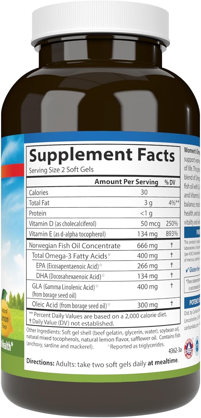 Carlson - Women's Omega Balance Balanced Omega-3 6 &amp 9 Ratio with D3 E Norwegian Wild-Caught Fish Oil Supplement with Fatty Acids Sustainably Sourced Fish Oil Capsules 180 Softgels