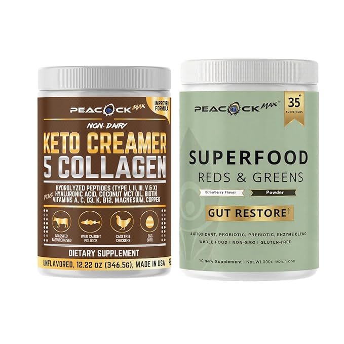 Peacock Max Collagen Keto Creamer &amp Superfood Reds and Greens Powder Bundle – Hydrolyzed Collagen with MCT &amp Organic Superfoods with Probiotics &amp Enzymes