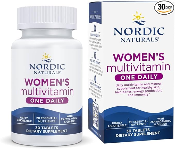 Nordic Naturals Women’s Multivitamin One Daily - Skin Hair Energy &amp Bone Support - Immunity Supplement - 20 Essential Nutrients - 30 Tablets - 30 Servings