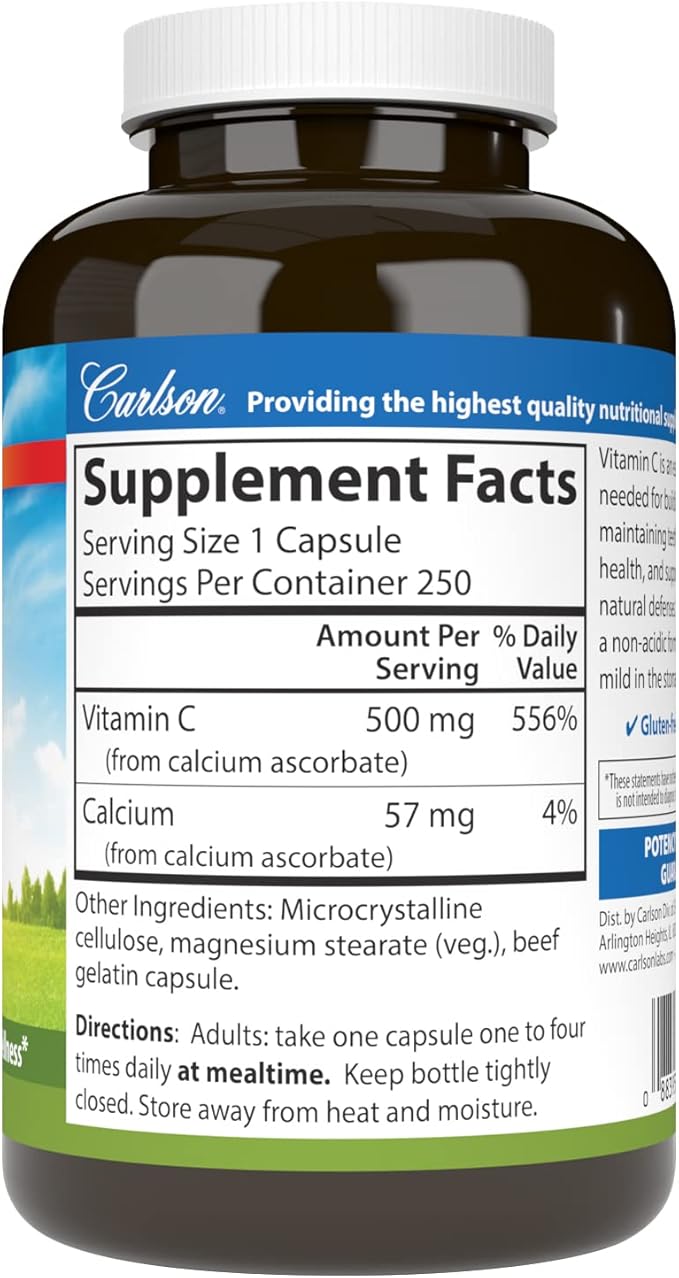 Carlson - Mild-C 500 mg Buffered Vitamin C Immune Support &amp Optimal Wellness Antioxidant 250 capsules