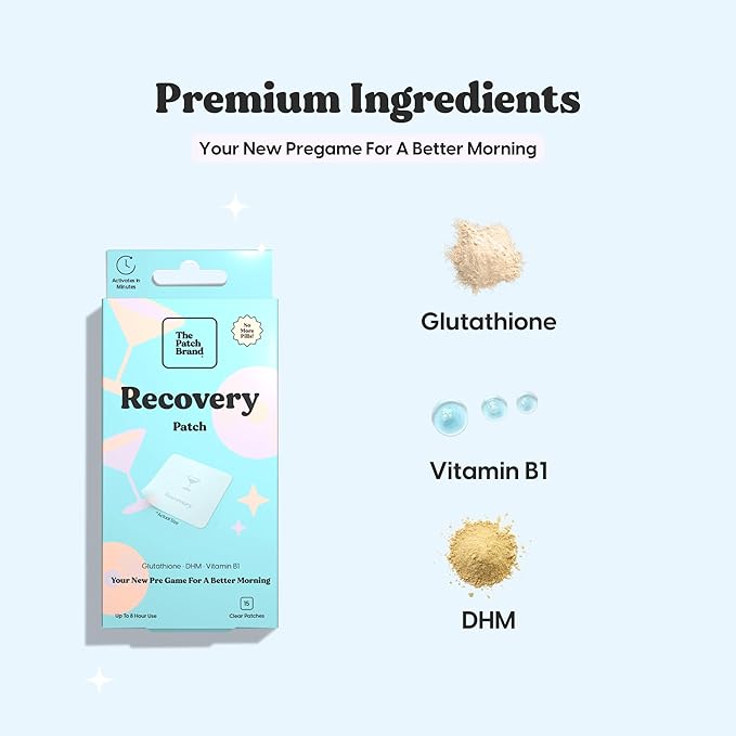 The Patch Brand Recovery Patches | Supports Morning After with Vitamin B1 DHM Glutathione | Party &amp Travel Must Haves | Long Lasting Water Resistant Patches