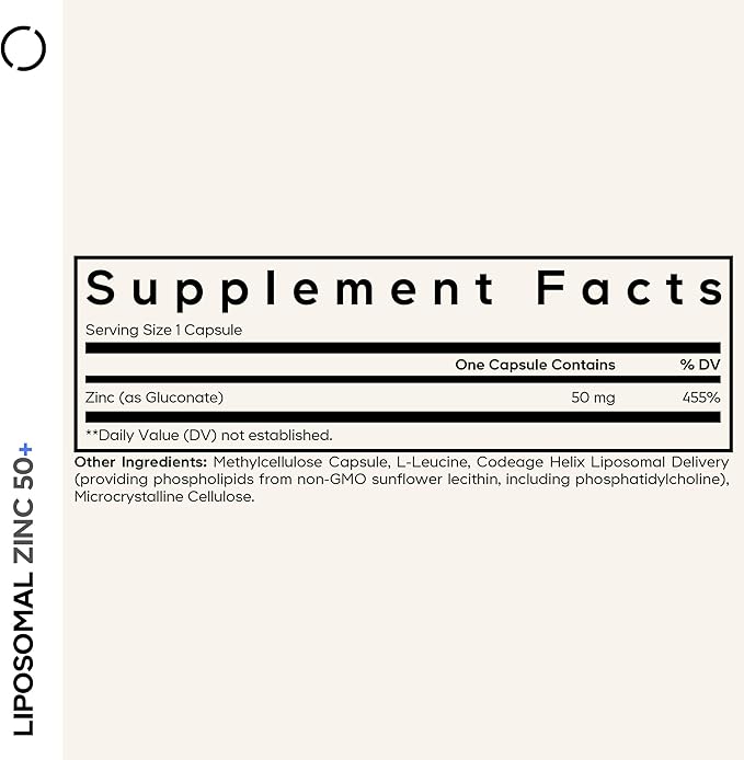 Codeage Liposomal Zinc Supplement – 3 Month Supply – One Per Day - 50 mg Zinc Gluconate Vitamin Pills - Essential Mineral Supplements Liposomal Delivery Matrix - Vegan Non-GMO - 100 Capsules