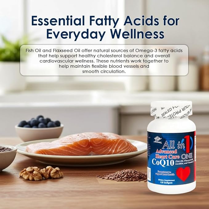 All in One Advanced CoQ10 Supplement | Co Q 10 Supplement with Omega-3 Fish Oil Flaxseed Oil Soy Lecithin &amp Vitamin E | Heart Health Support | 120 Softgels