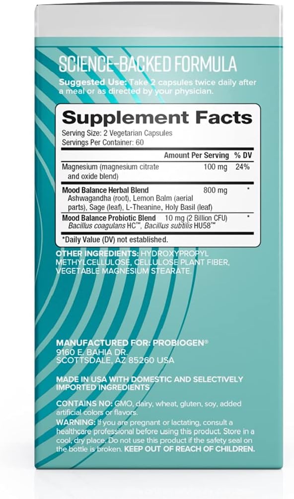 Probiogen Stress &amp Mood Balance Probiotic Ashwagandha Supplement 120 Count