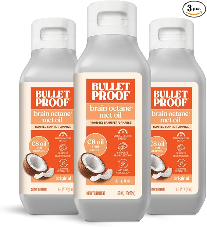 Bulletproof Brain Octane C8 MCT Oil 16 oz (Pack of 3) – 100% Pure Coconut Oil Triple-Distilled Keto Energy Supplement for Coffee &amp Smoothies Unflavored No Additives or Fillers Non-GMO