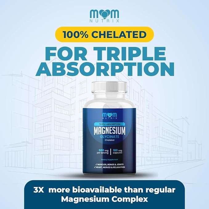 MOM Nutrix Magnesium Glycinate - 500 mg Chelated Triple Absorption Magnesium - Heart Bones Joints Support - Calm &amp Relax- 180 Capsules