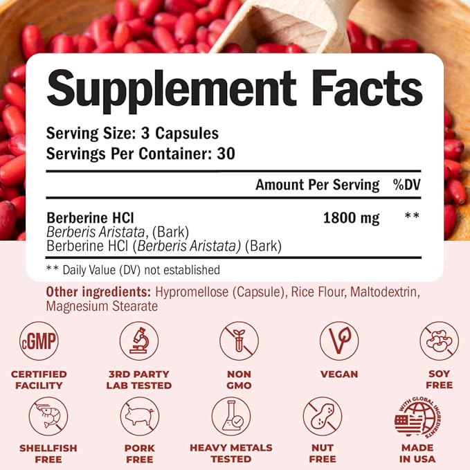Vimerson Health Berberine Supplement with Third Party Tested Berberine 1800mg - Immune Support Supplement for Cardiovascular Gastrointestinal Function &amp Metabolic Aid - Vegan &amp Non-GMO