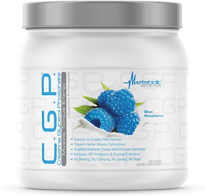 Metabolic Nutrition CGP Creatine Glycerol Phosphate 100% Micronized Creatine Powder Pre Intra Post Workout Supplement Blue Raspberry 400 Grams (40 Servings)