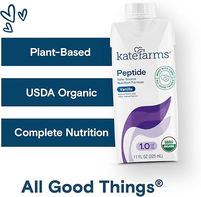 KATE FARMS Organic Adult Peptide 1.0 Formula Vanilla Sole-Source Hydrolyzed Plant-Based Nutrition for Oral or Tube Feeding 11 Fl oz (12 Pack)