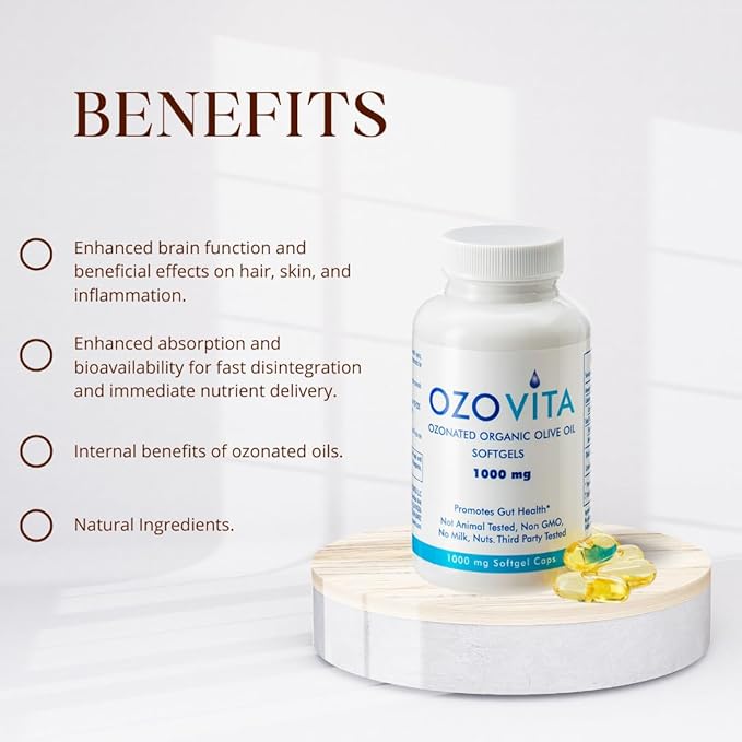 High Potency Ozonated Organic Extra Virgin Olive Oil Softgels 1000mg | Pure Oxygenated Capsules for Immune Support &amp Gut Health | Organic Oxygen Infused Supplement | 2 Month Supply
