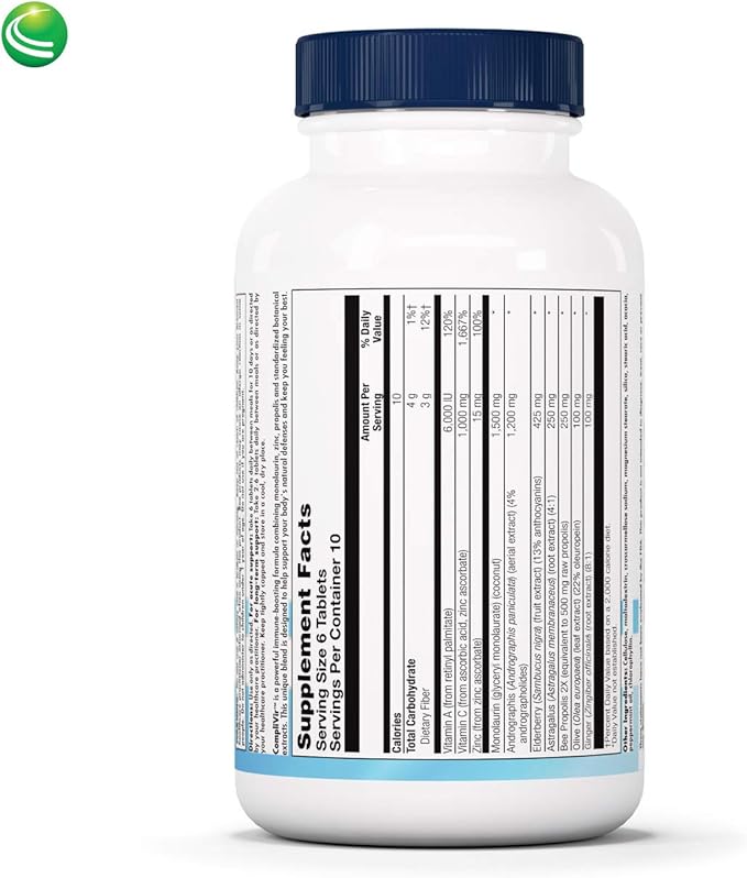 Nutra Biogenesis CompliVir - Monolaurin and Zinc Supplement for Men and Women Immune Support for Adults with Vitamin C Olive Leaf Extract and Elderberry - 60 Tablets