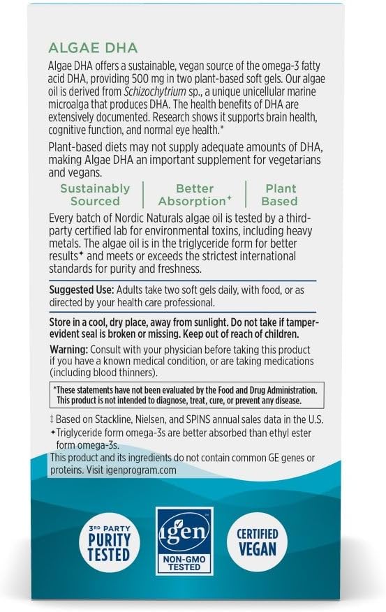 Nordic Naturals Algae DHA - 60 Soft Gels - 500 mg Omega-3 DHA - Certified Vegan Algae Oil - Plant-Based DHA - Brain Eye &amp Nervous System Support - Non-GMO - 30 Servings