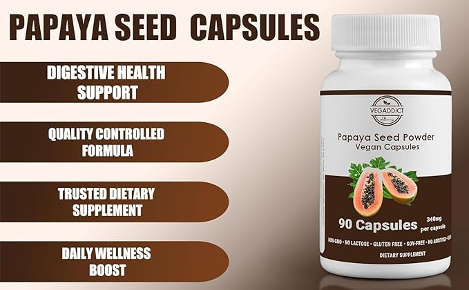 Papaya Seed Powder Capsules | High Papaya Enzyme (Papain) Content | Gluten &amp Lactose Free | Non-GMO | No Additives | Vegan | Nutritional Supplement | Quality Controlled (90 Capsules)