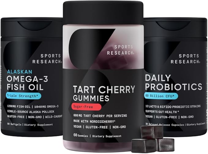 Sports Research® Tart Cherry Gummy Supplements | 600mg of NordicCherry™ &amp Triple Strength Omega 3 Fish Oil w/EPA &amp DHA Fatty Acids &amp Daily Probiotics with Prebiotics 60 Billion CFU